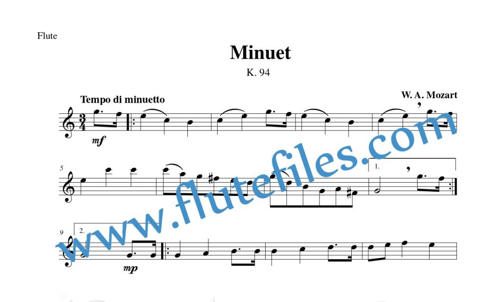 Flute part for Minuet, K. 94 flute solo sheet music by Mozart