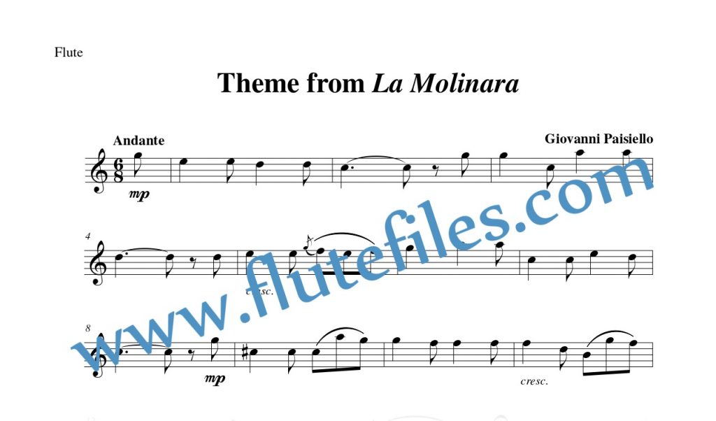Flute part for La Molinara Theme flute solo sheet music by Paisiello