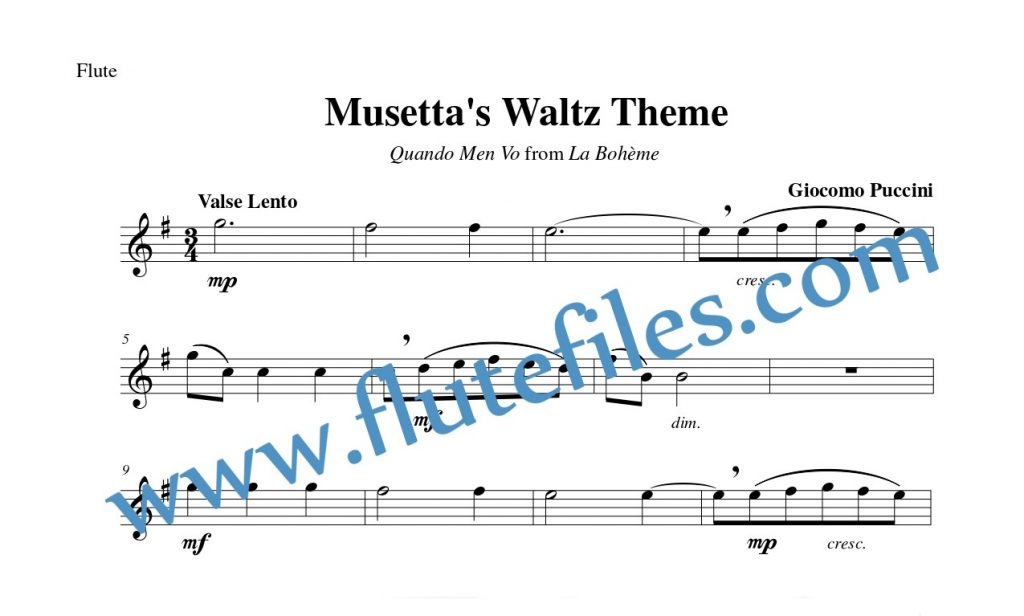 Flute part for Musetta’s Waltz Theme flute solo sheet music by Puccini