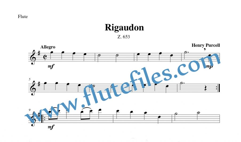 Flute part for Rigaudon, Z. 653 flute solo sheet music by Purcell