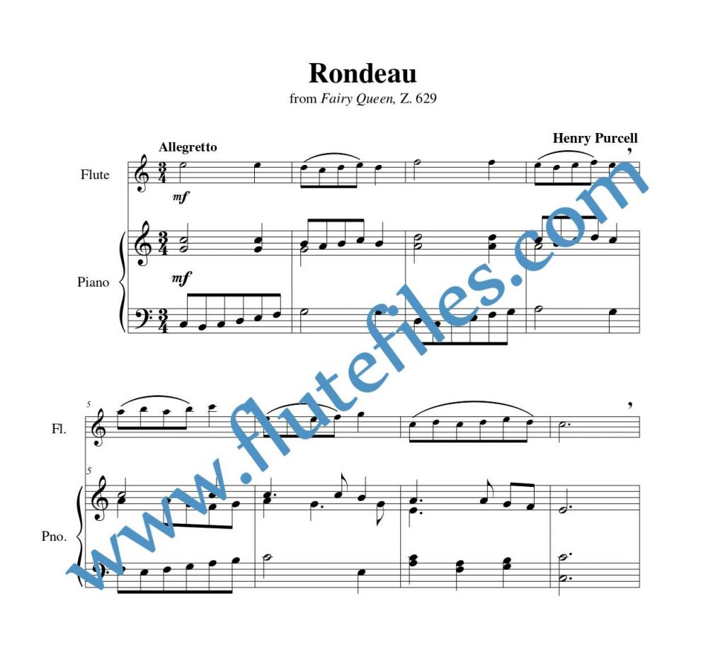 Piano accompaniment part for Rondeau, Z. 629 flute solo sheet music by Purcell