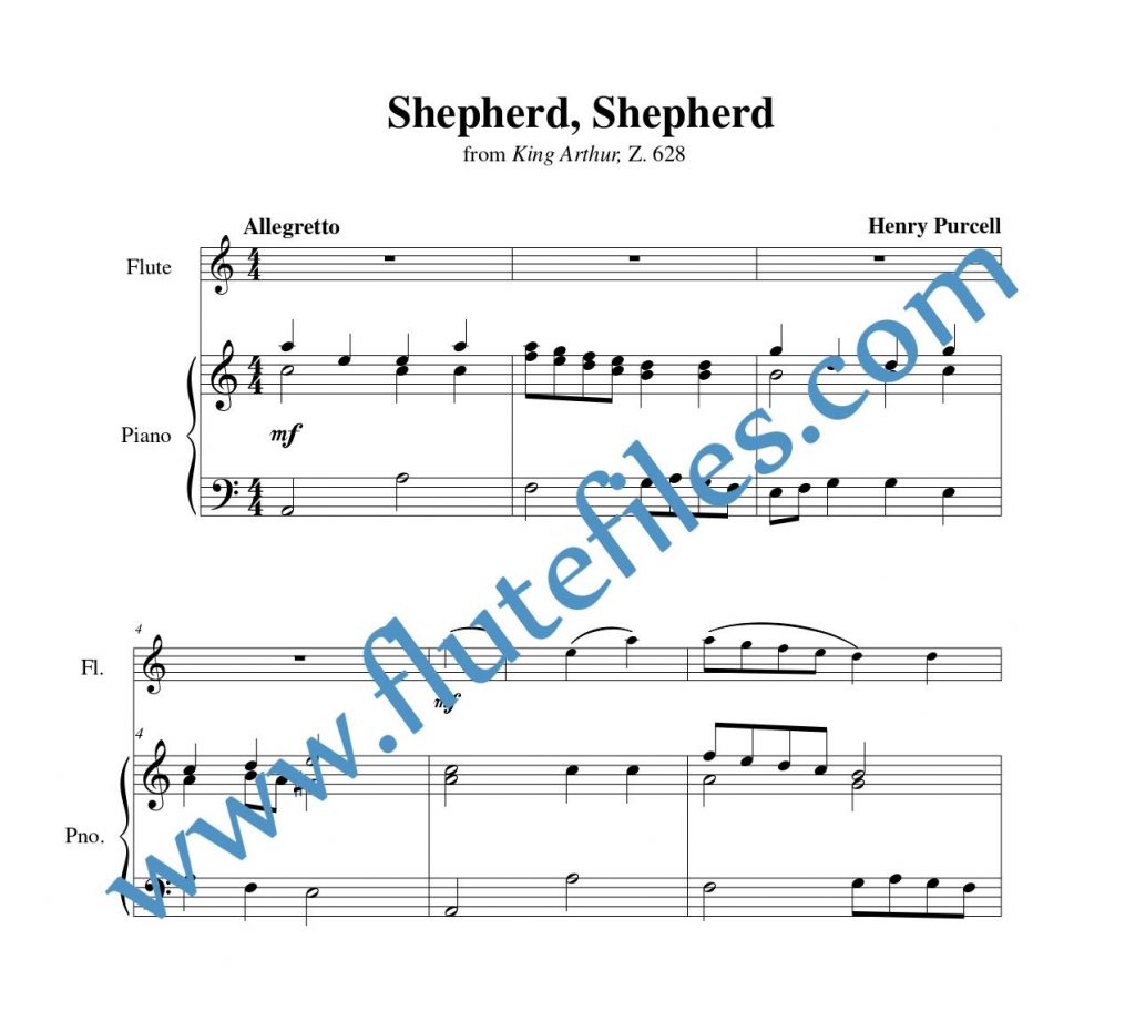 Piano accompaniment part for Shepherd, Shepherd flute solo sheet music by Purcell