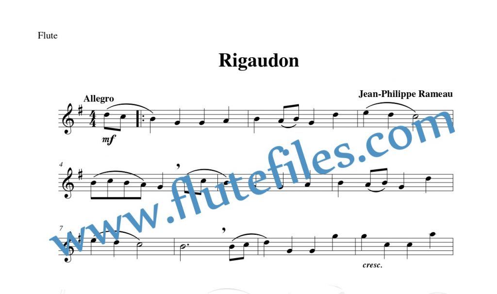 Flute part for Rigaudon flute solo sheet music by Rameau