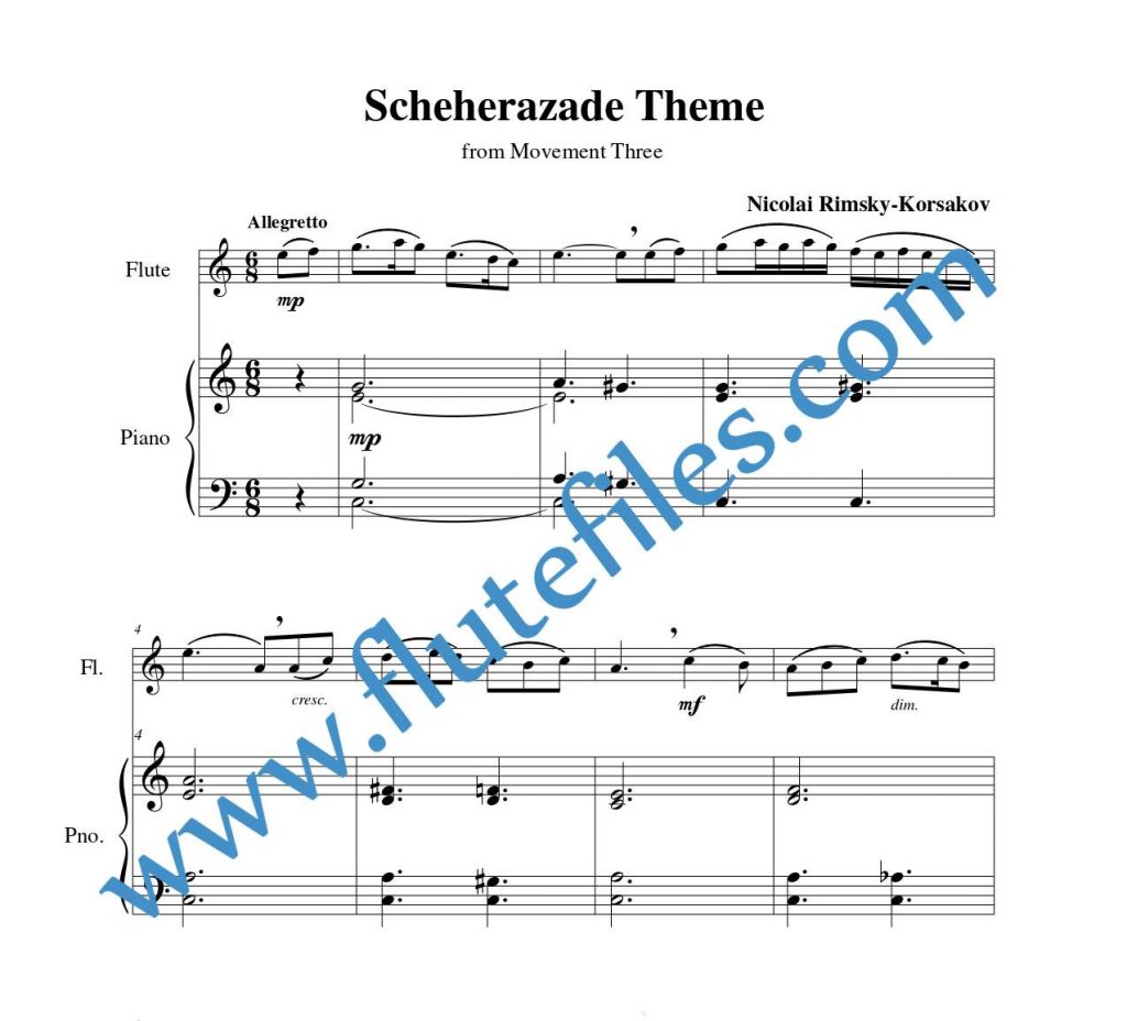 Piano accompaniment part for Scheherazade Theme flute solo sheet music by Rimsky-Korsakov