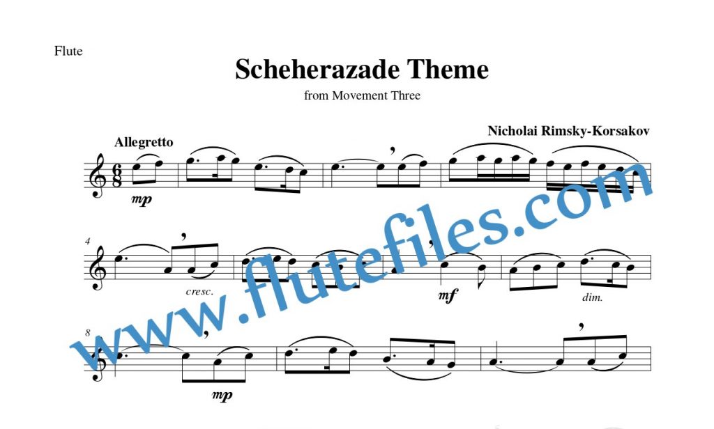 Flute part for Scheherazade Theme flute solo sheet music by Rimsky-Korsakov