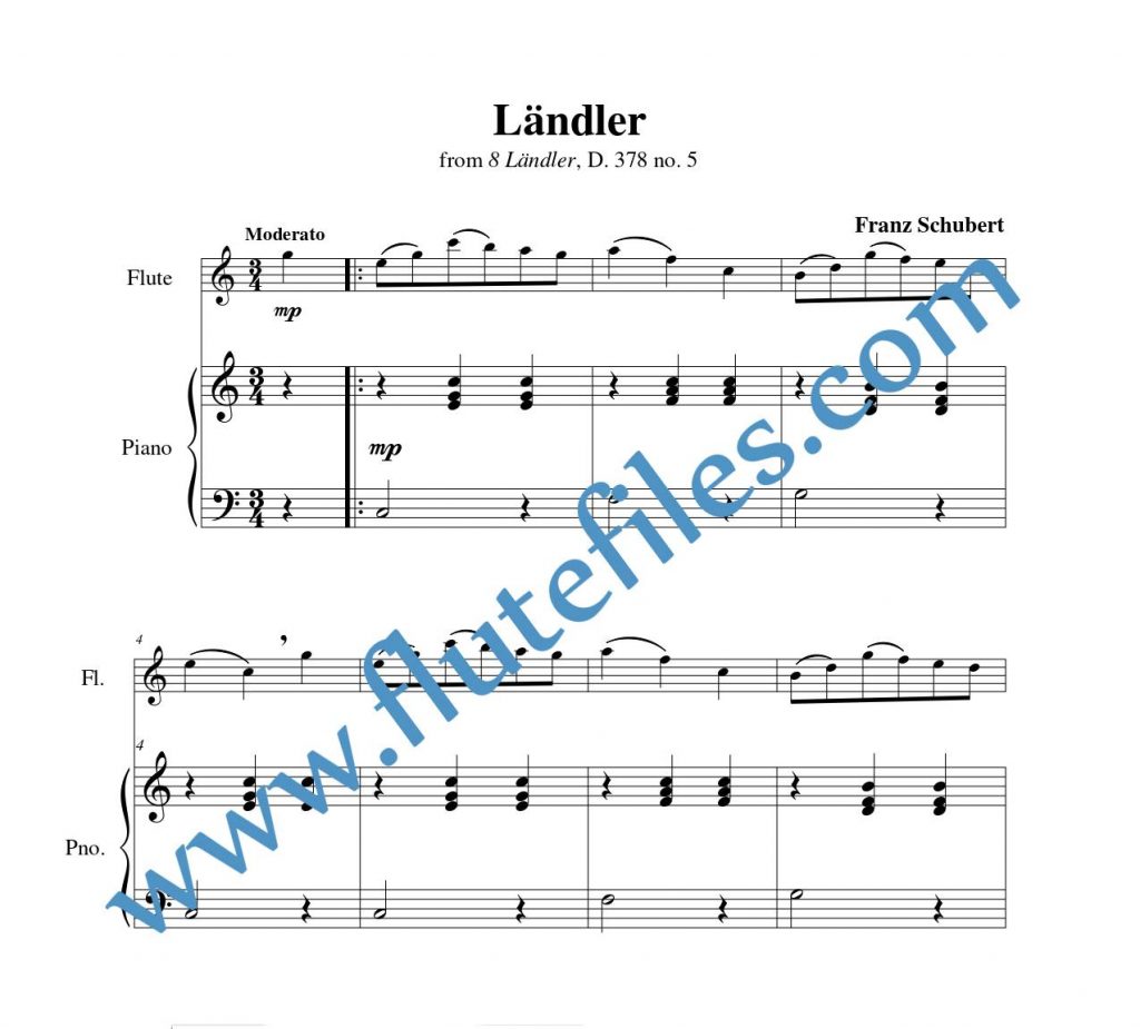 Piano accompaniment part for Ländler, D. 378 no. 5 flute solo sheet music by Schubert