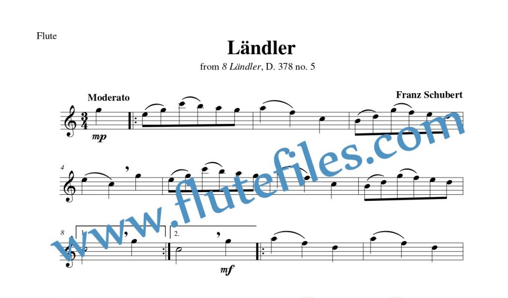 Flute part for Ländler, D. 378 no. 5 flute solo sheet music by Schubert