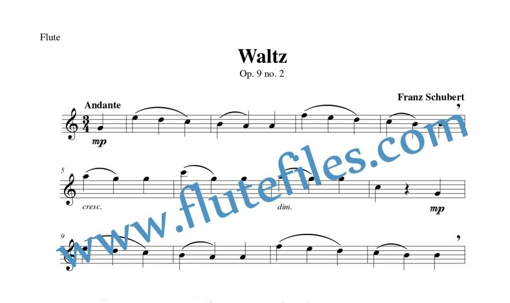 Flute part for Waltz, op. 9 no. 2 flute solo sheet music by Schubert