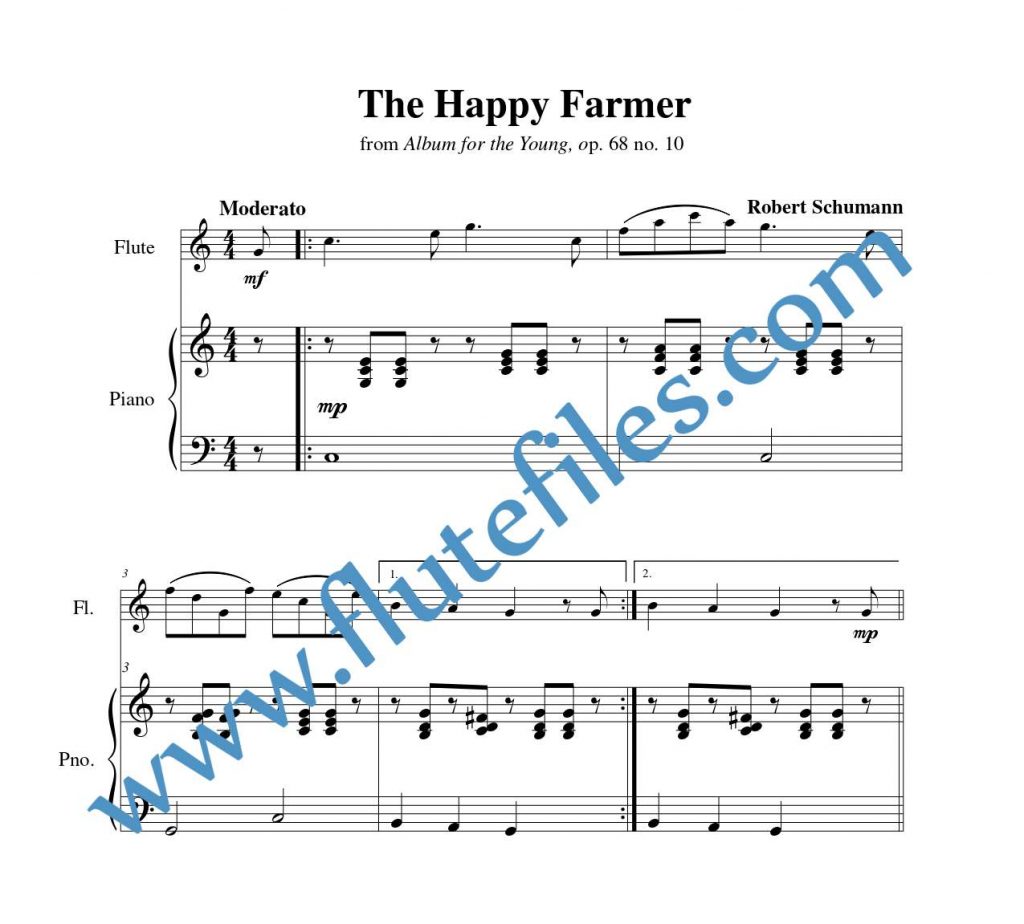 Piano accompaniment part for The Happy Farmer flute solo sheet music by Schumann