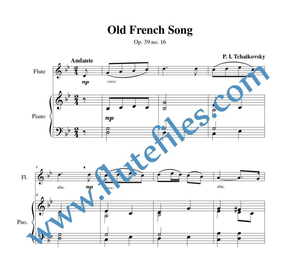 Piano accompaniment part for Old French Song flute solo sheet music by Tchaikovsky