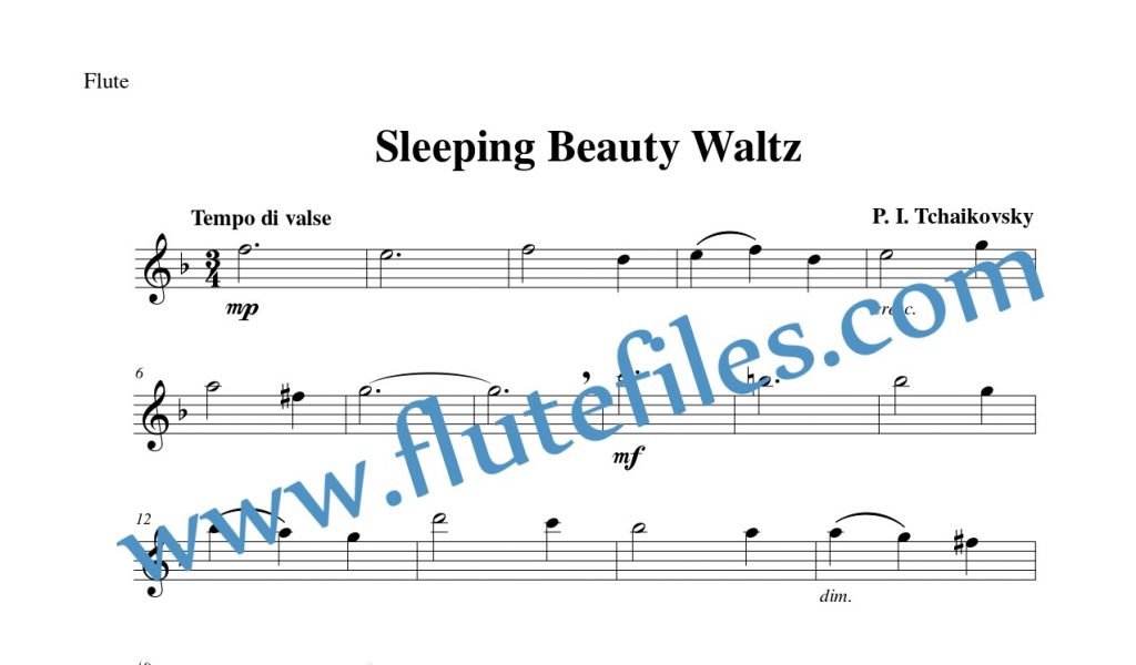 Flute part for Sleeping Beauty Waltz flute solo sheet music by Tchaikovsky