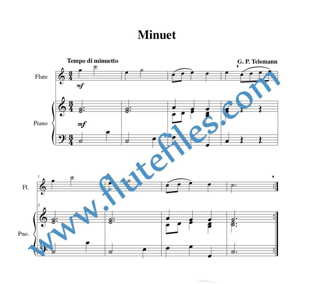 Piano accompaniment part for Minuet flute solo sheet music by Telemann