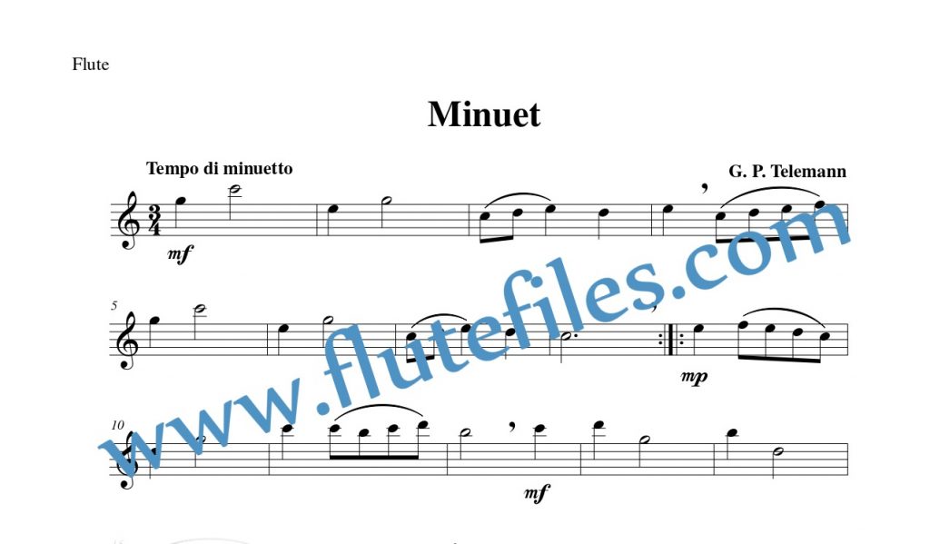 Flute part for Minuet flute solo sheet music by Telemann