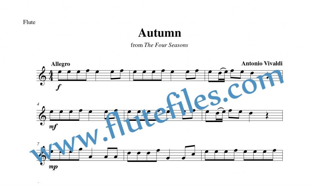 Flute part for Autumn Theme flute solo sheet music by Vivaldi