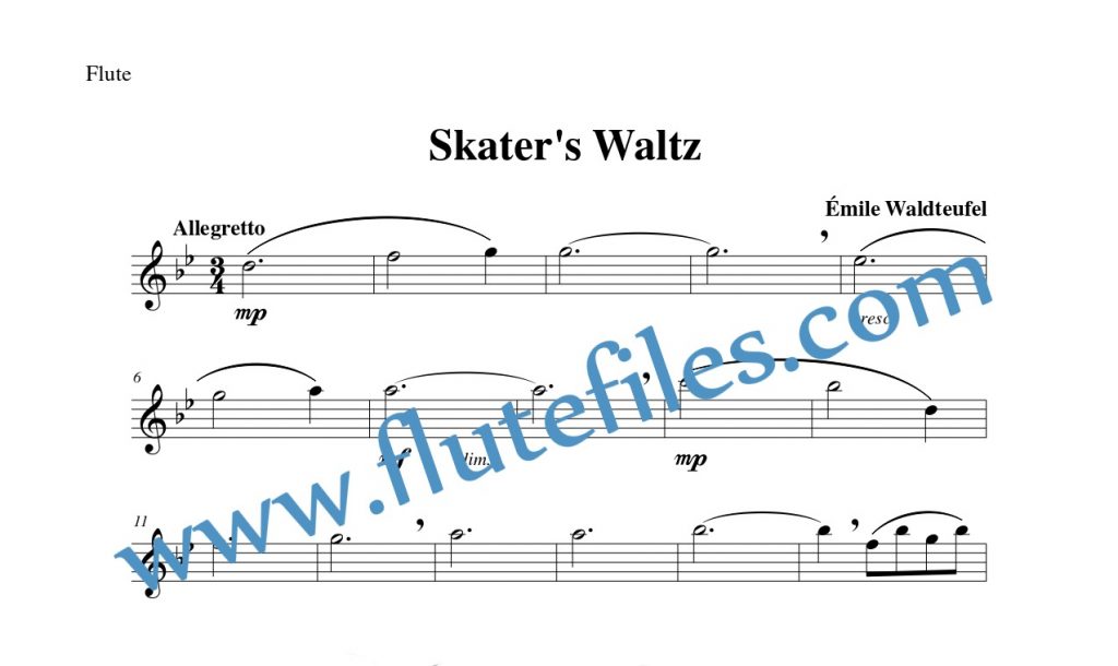 Flute part for Skater’s Waltz flute solo sheet music by Waldteufel