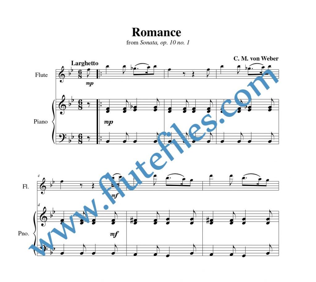 Piano accompaniment part for Romance, op. 10 no. 1 flute solo sheet music by Weber