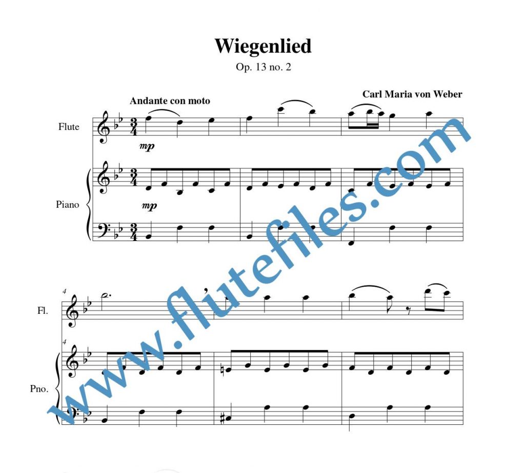 Piano accompaniment part for Wiegenlied, op. 13 no. 2 flute solo sheet music by Weber