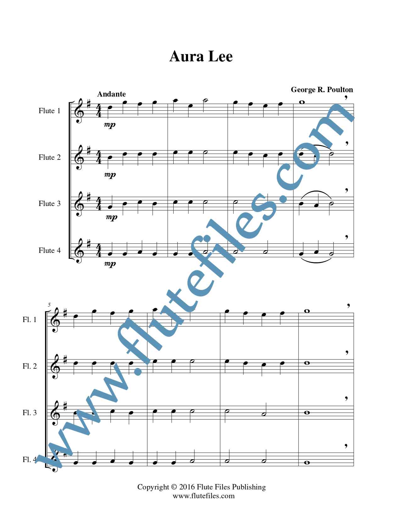 Aura Lee flute quartet sheet music