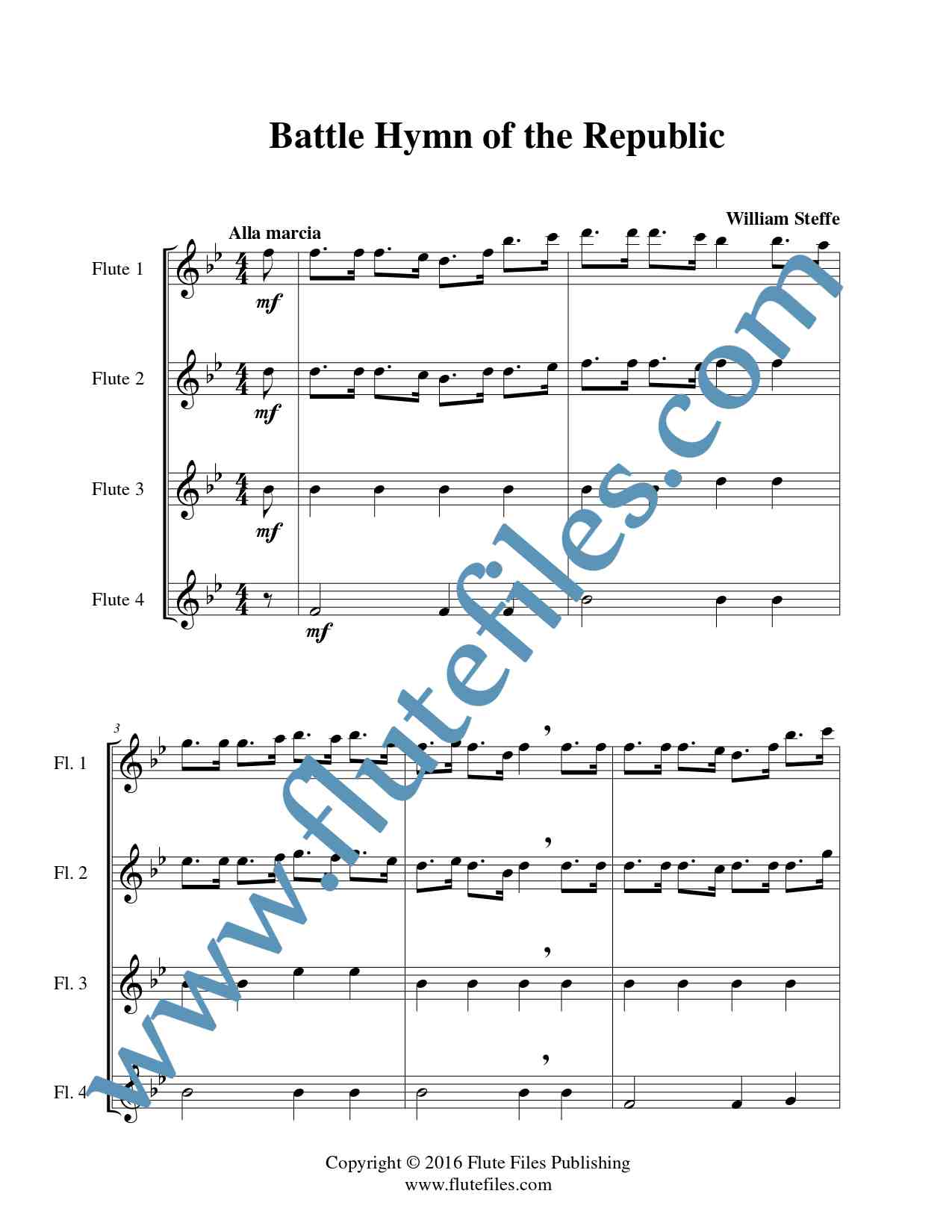 Battle Hymn of the Republic flute quartet sheet music