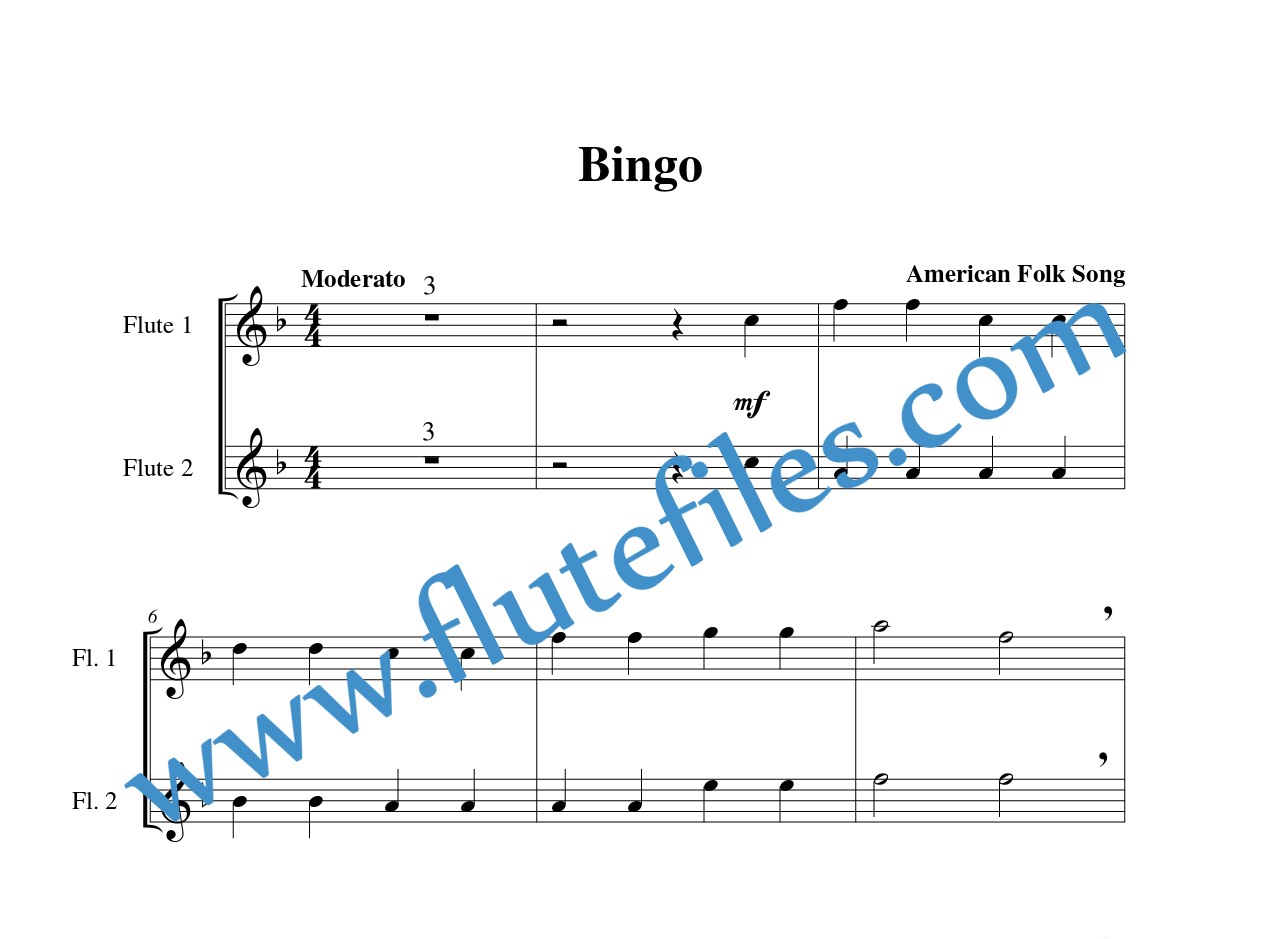 Flute part for Bingo flute duet and piano sheet music