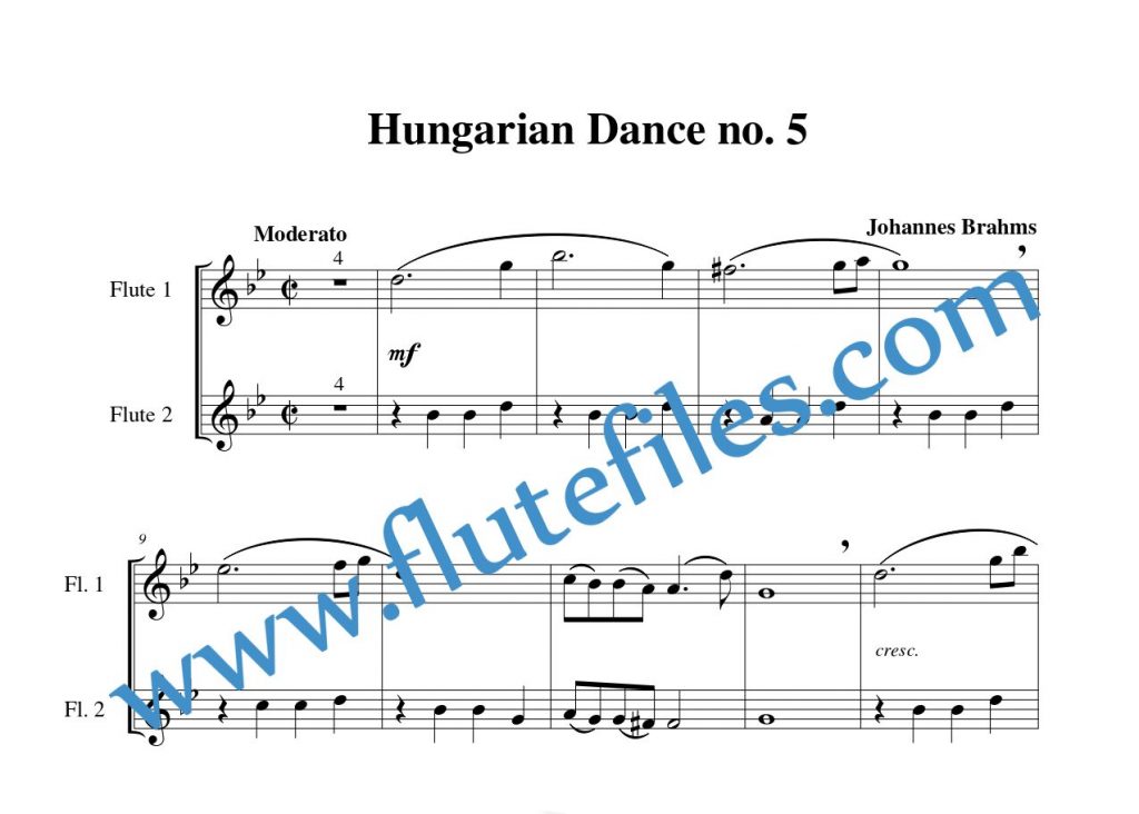 Flute part for Hungarian Dance no. 5 flute duet and piano sheet music by Brahms