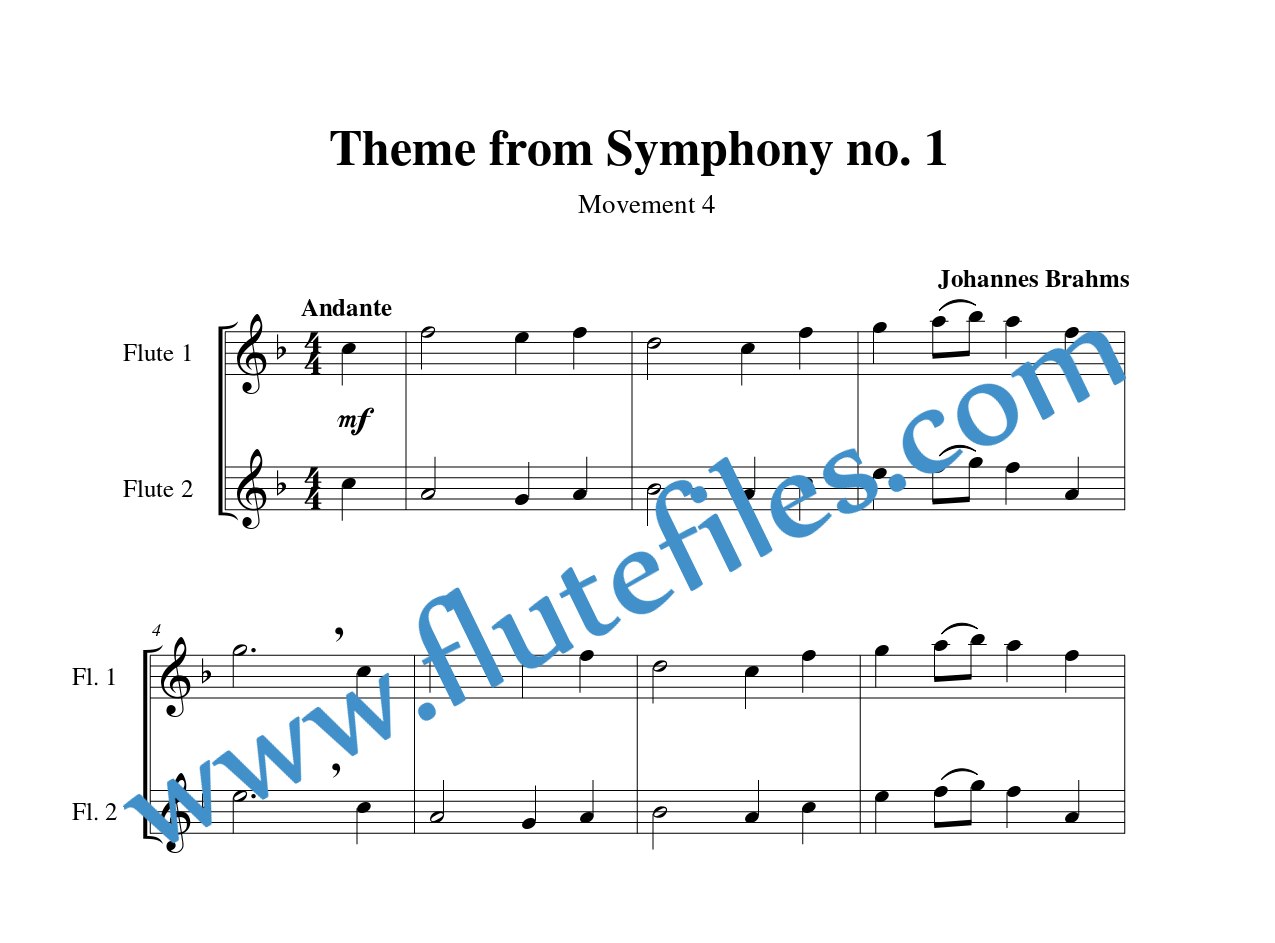 Flute part for Symphony no. 1 Theme flute duet and piano sheet music by Brahms