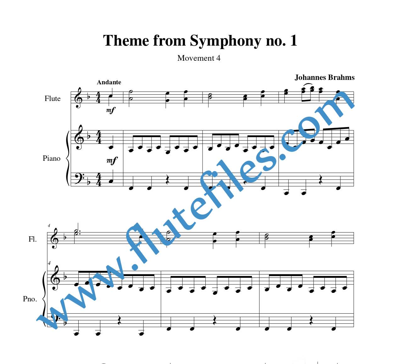 Piano accompaniment part for Symphony no. 1 Theme flute duet and piano sheet music by Brahms