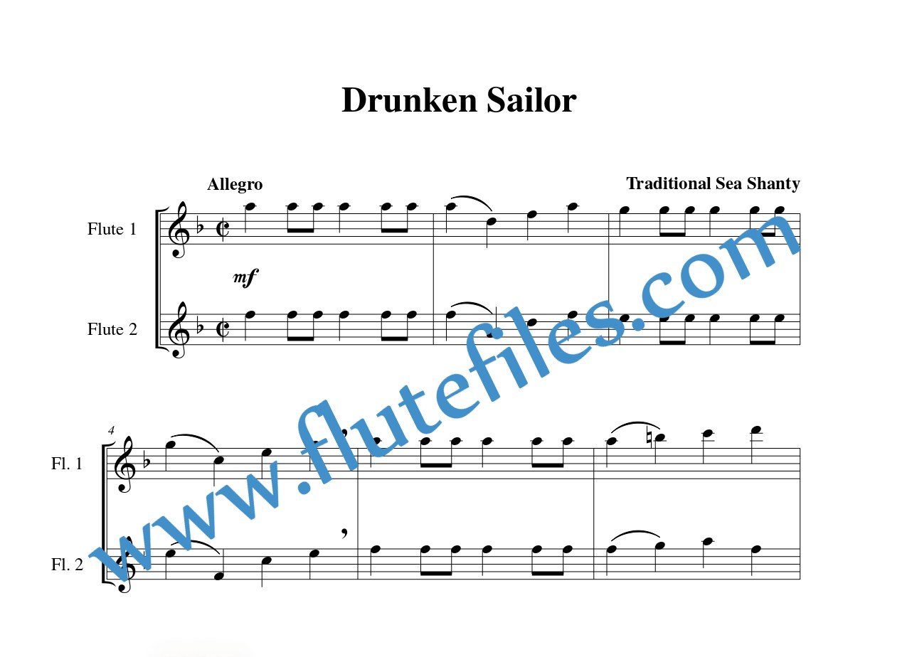 Flute part for Drunken Sailor flute duet and piano sheet music