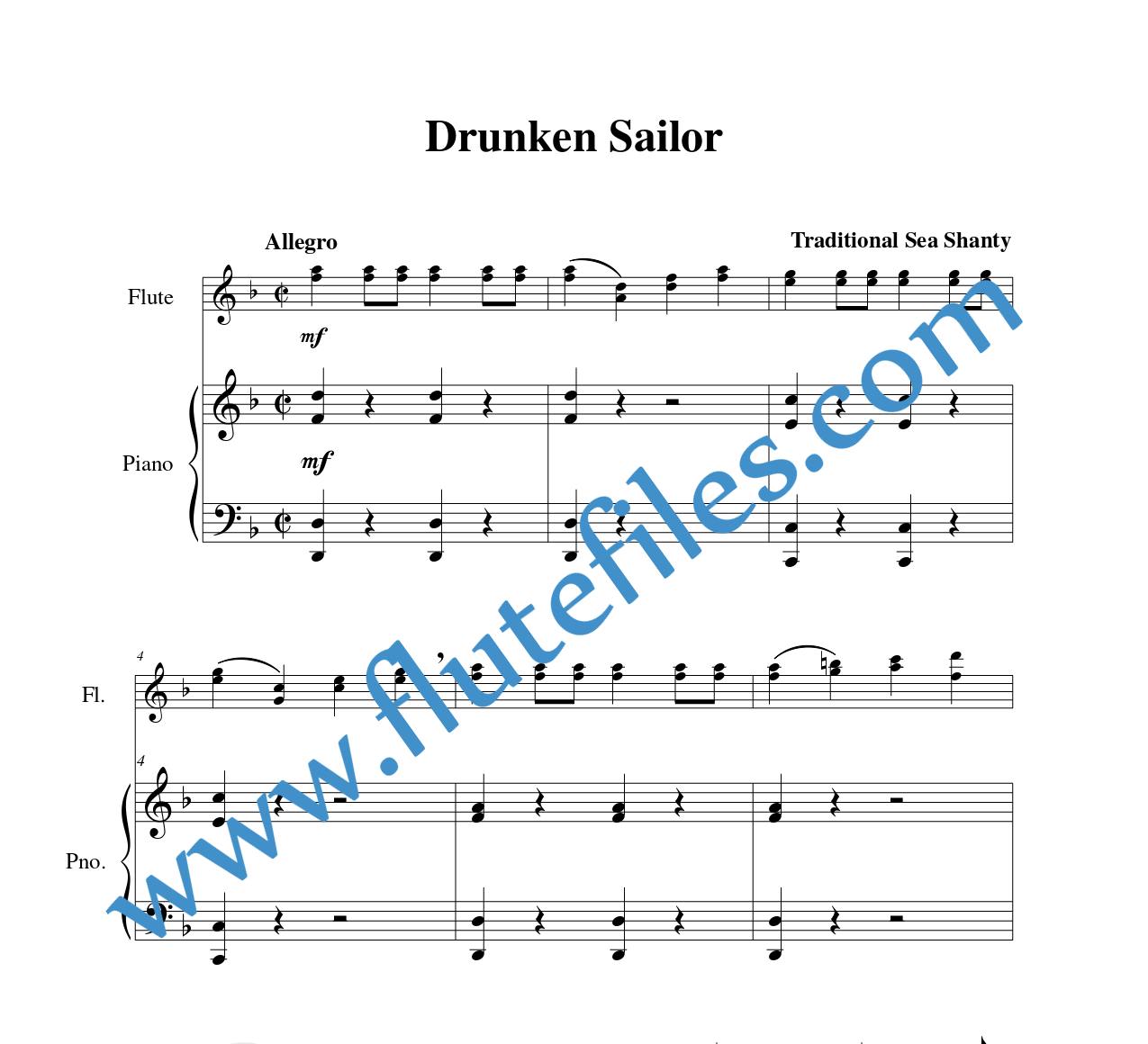 Piano accompaniment part for Drunken Sailor flute duet sheet music