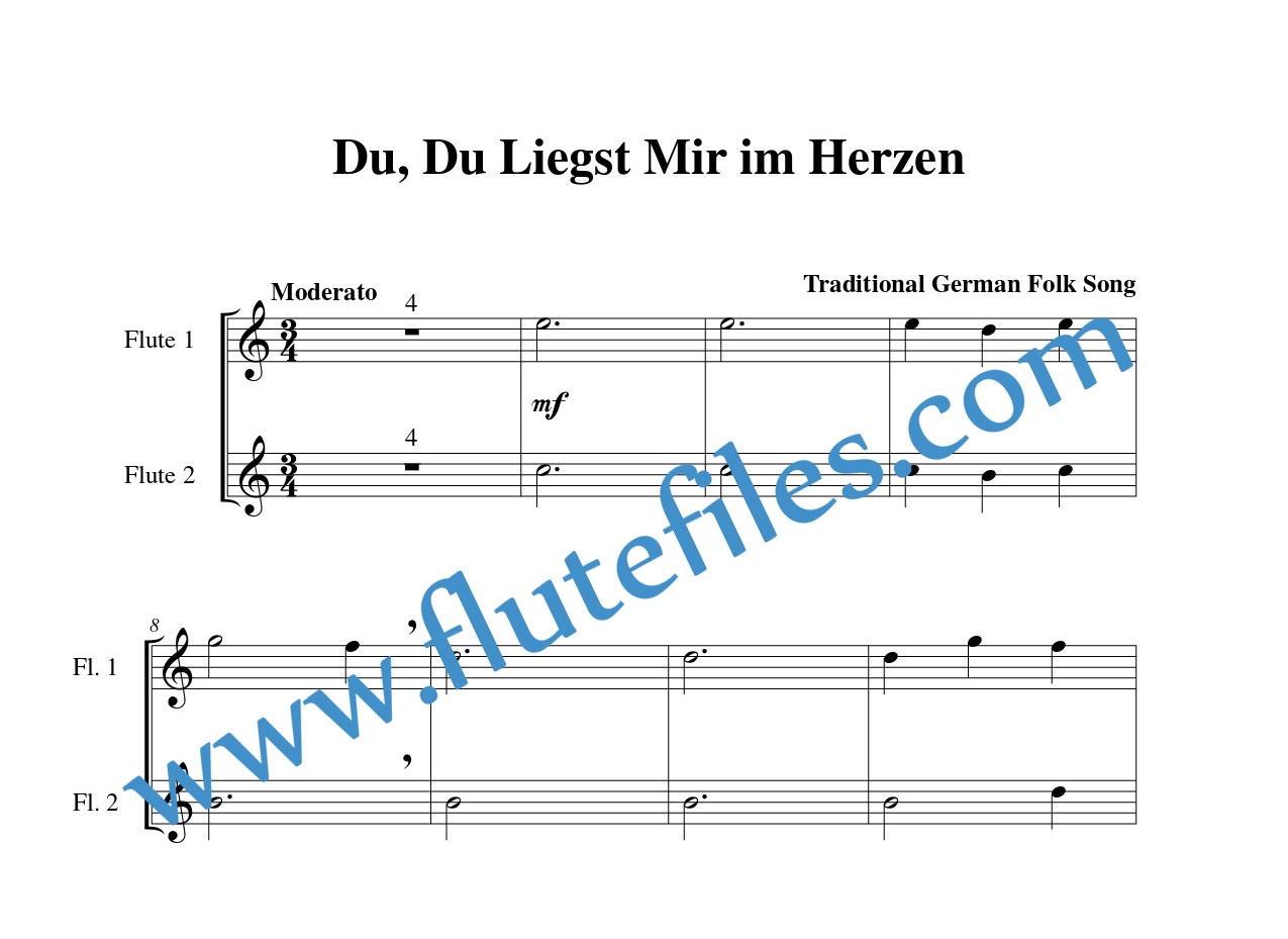 Flute part for Du, Du Liegst Mir im Herzen flute duet and piano sheet music