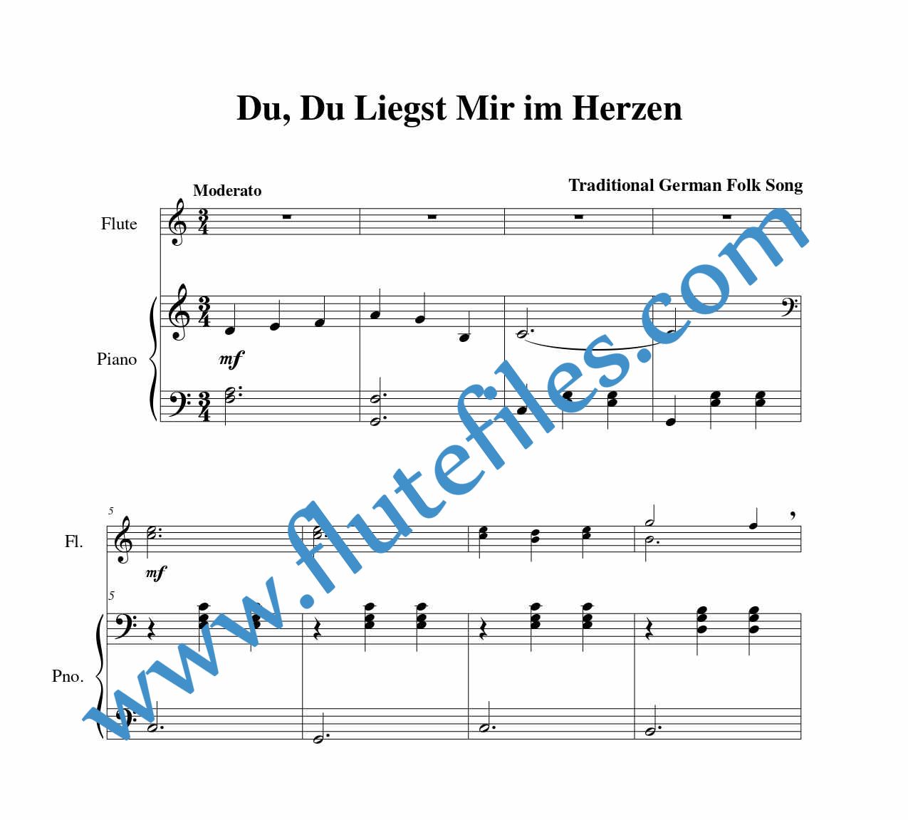 Piano accompaniment part for Du, Du Liegst Mir im Herzen flute duet sheet music
