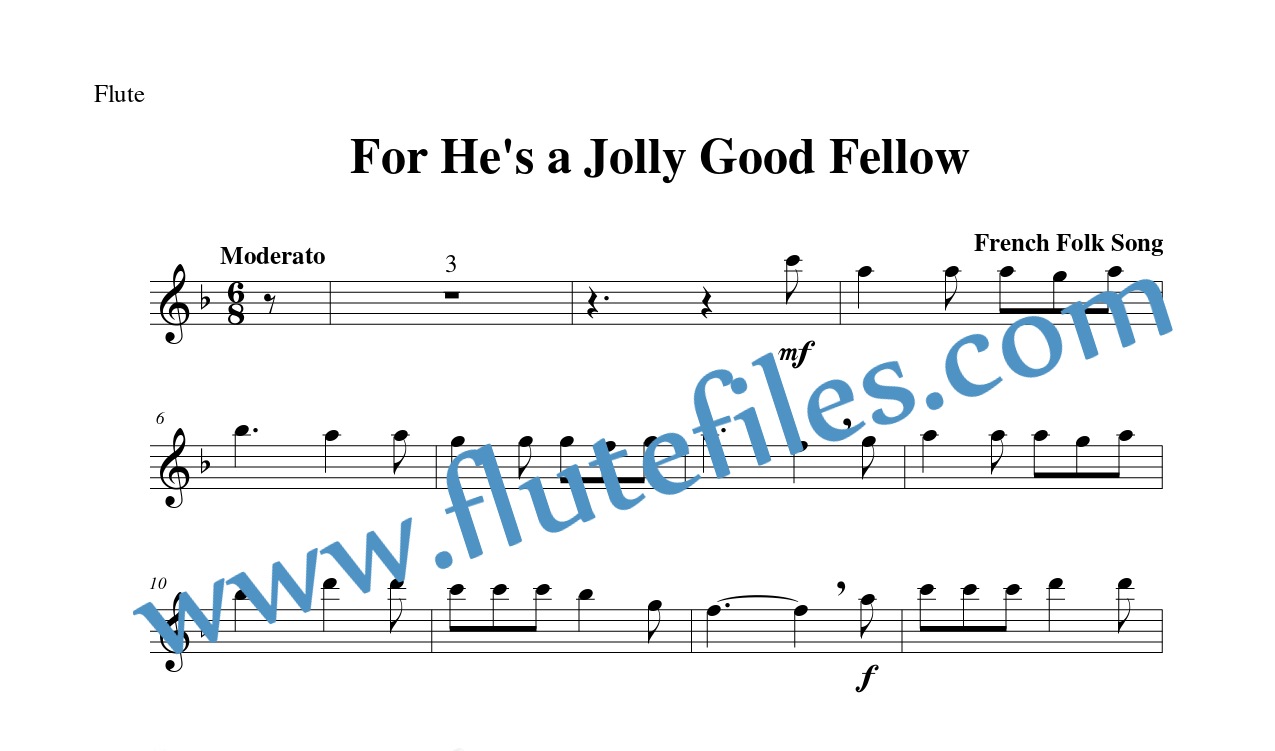 Flute part for For Hes a Jolly Good Fellow flute solo sheet music