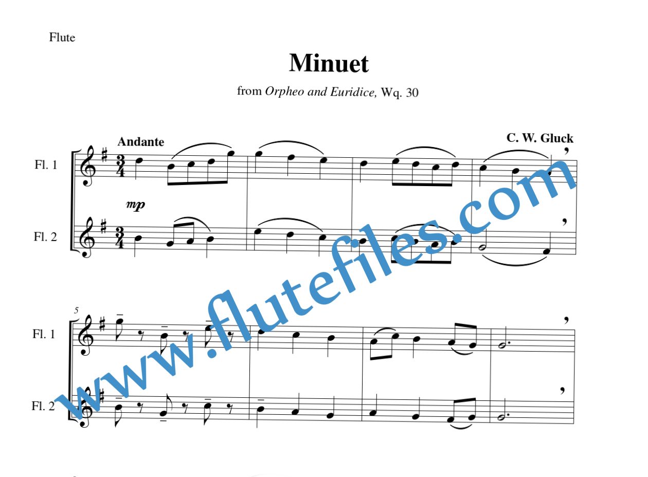 Flute part for Minuet, Wq. 30 flute duet and piano sheet music by Gluck