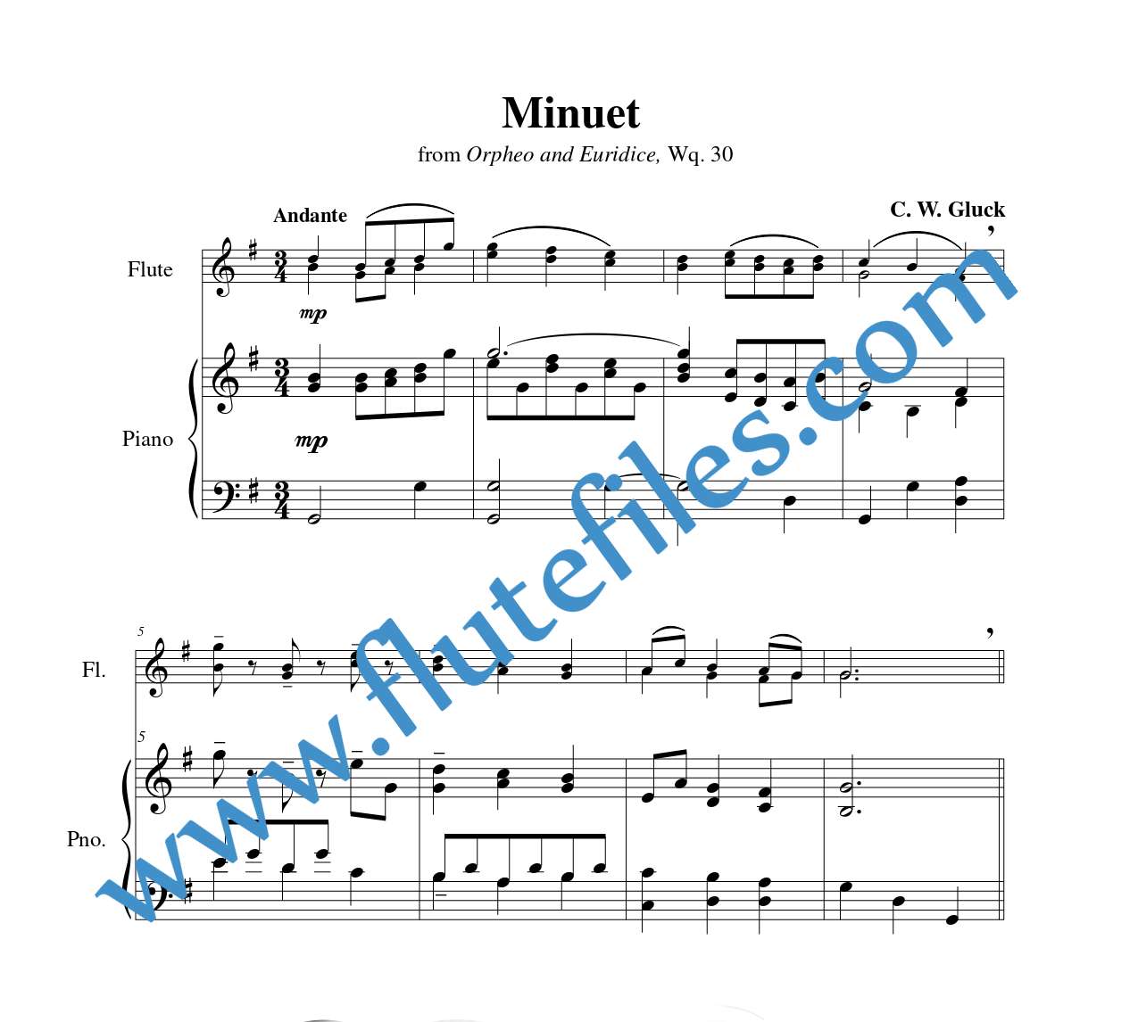 Piano accompaniment part for Minuet, Wq. 30 flute duet and piano sheet music by Gluck