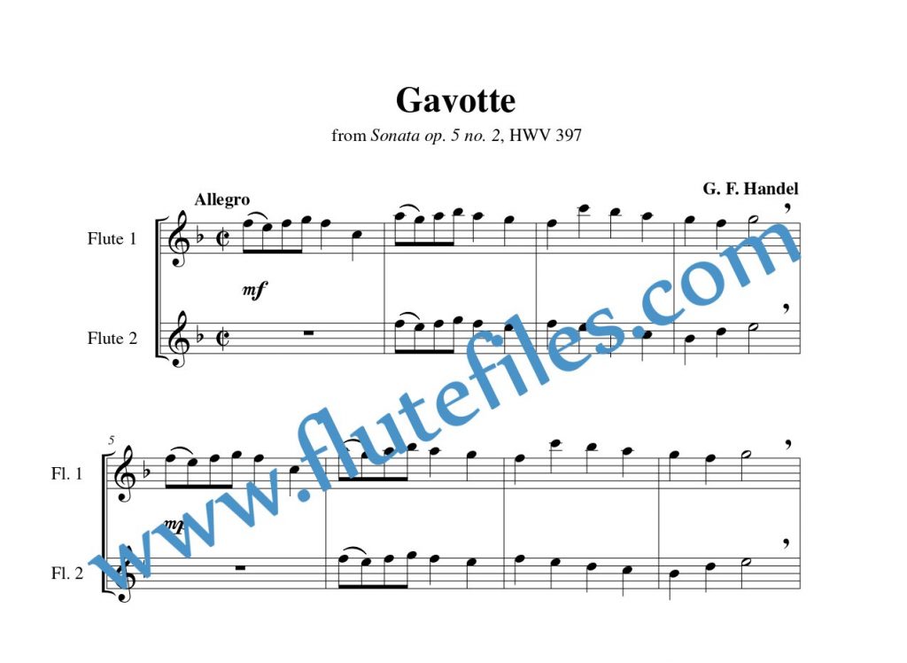 Gavotte, HWV 397 flute duet sheet music by Handel