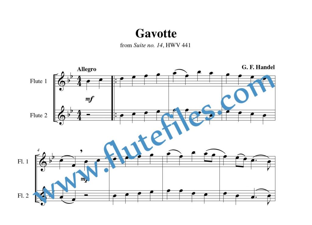 Gavotte, HWV 441 flute duet sheet music by Handel