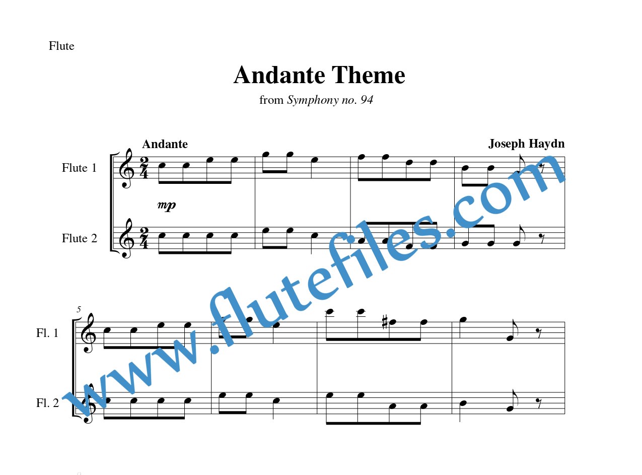 Flute part for Andante Theme flute duet and piano sheet music by Haydn
