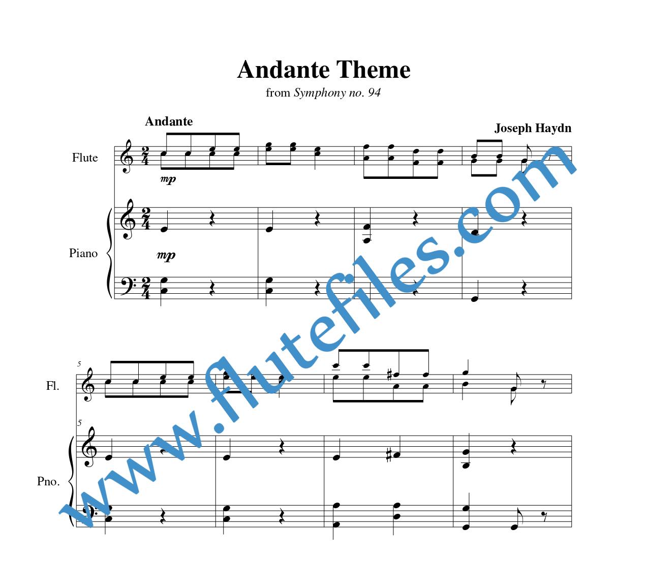Piano accompaniment part for Andante Theme flute duet and piano sheet music by Haydn