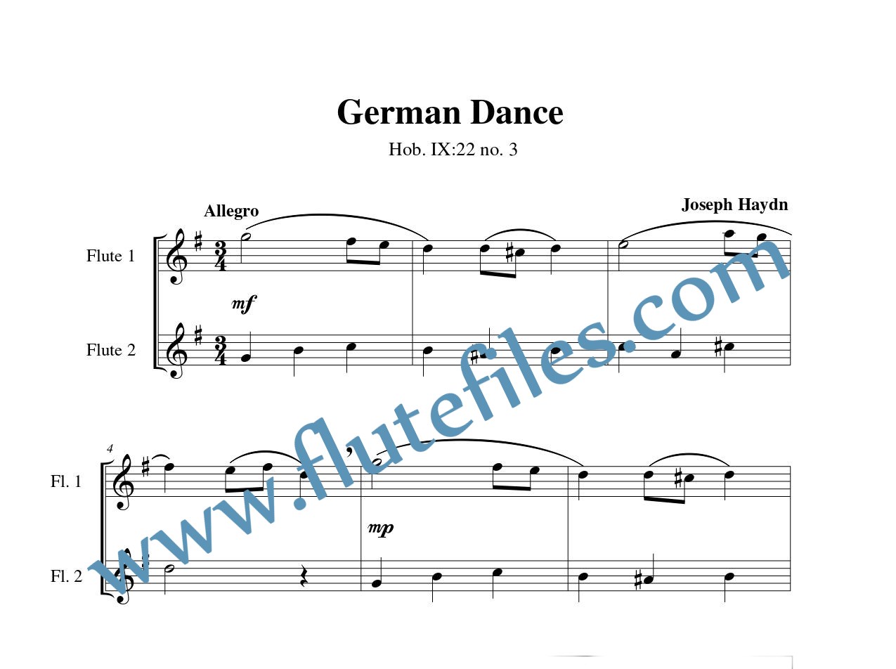 German Dance - Hob. IX:22 no. 3 flute duet sheet music by Haydn