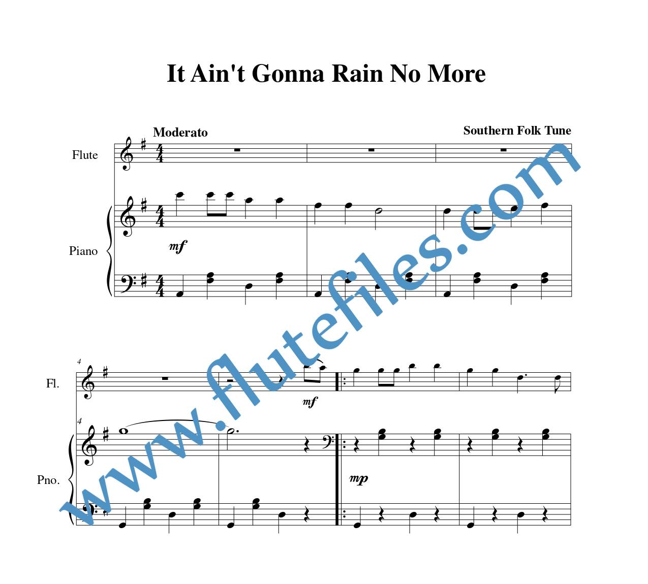 Piano accompaniment for It Aint Gonna Rain No More flute solo sheet music