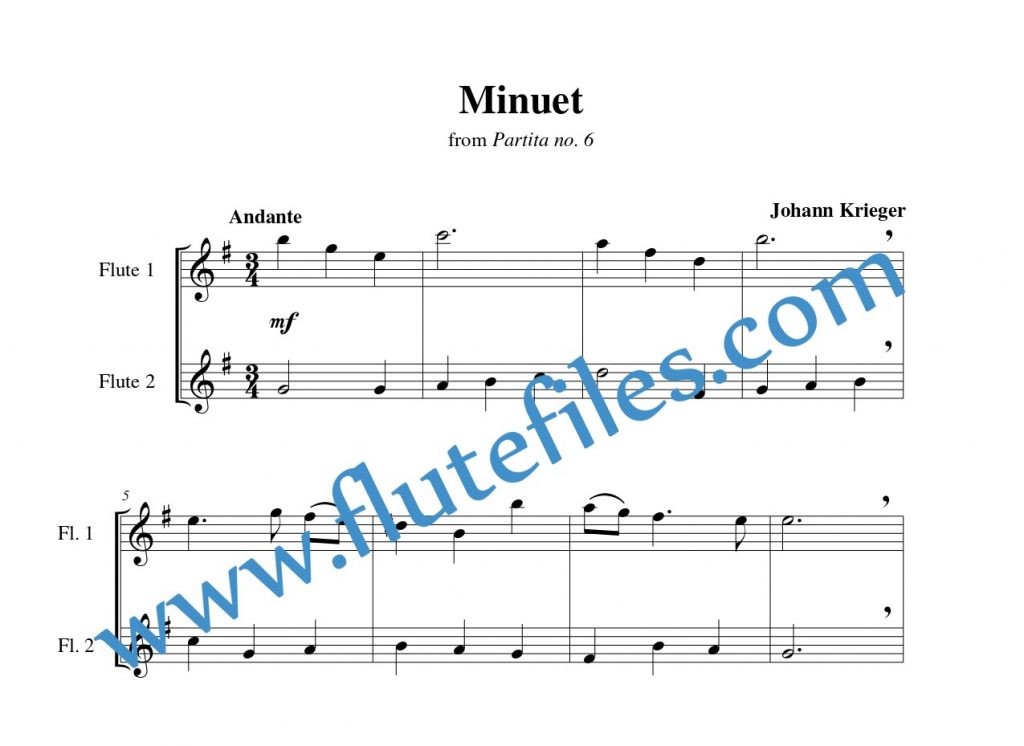 Minuet flute duet sheet music by Krieger