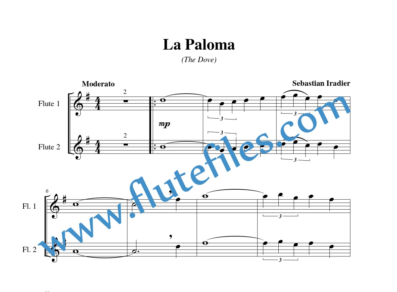 Flute part for La Paloma flute duet and piano sheet music