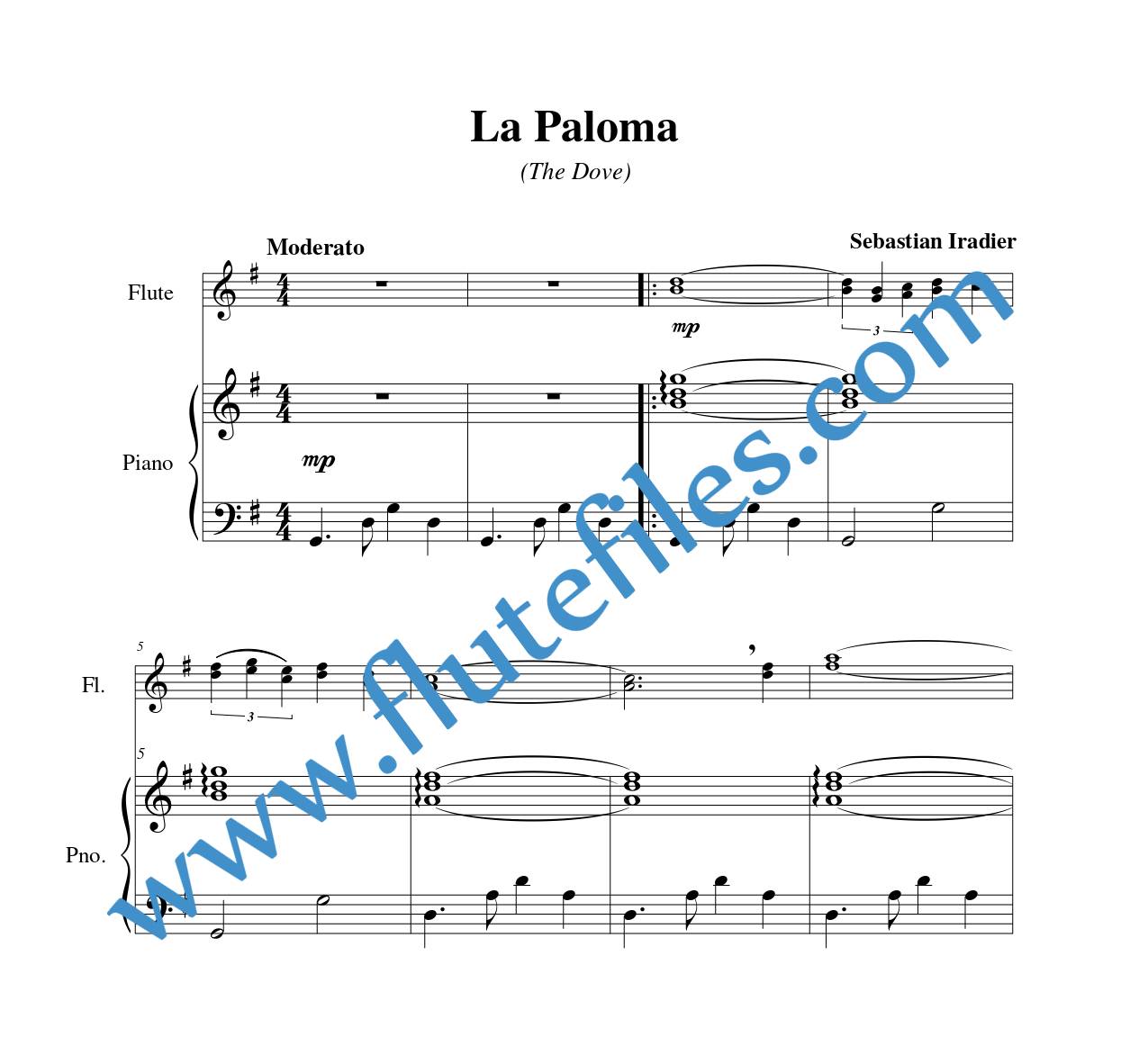 Piano accompaniment part for La Paloma flute duet sheet music