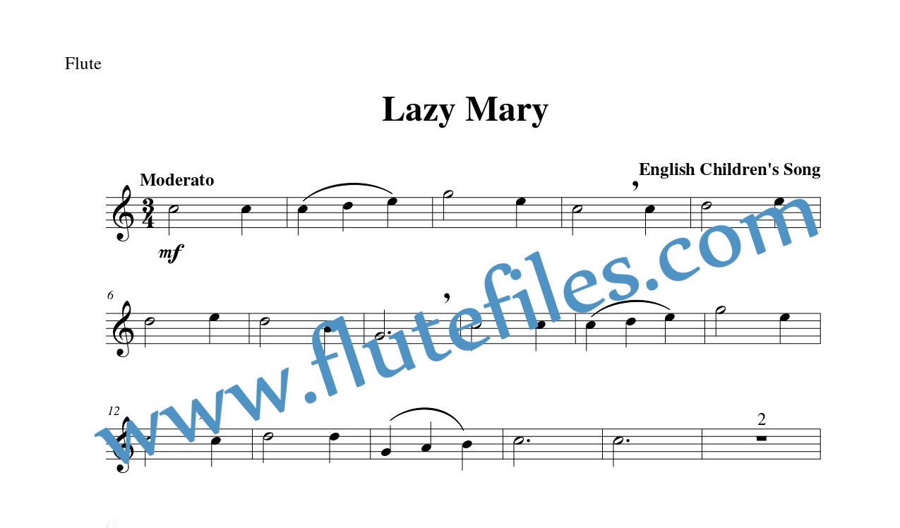 Flute part for Lazy Mary flute solo sheet music