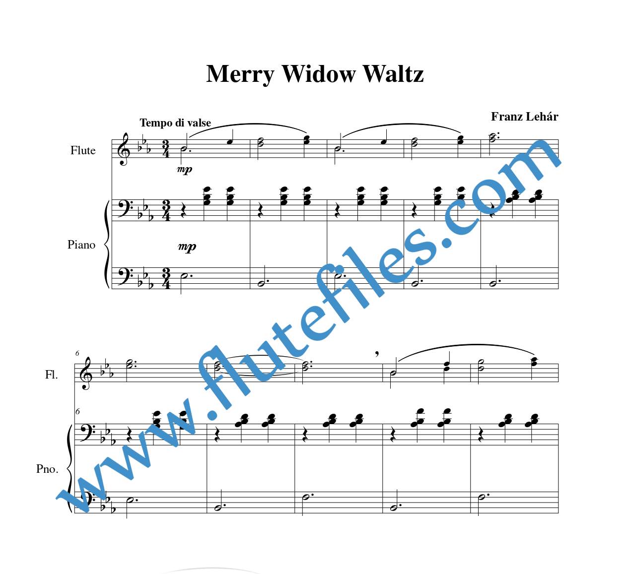 Piano accompaniment part for Merry Widow Waltz flute duet and piano sheet music by Lehár