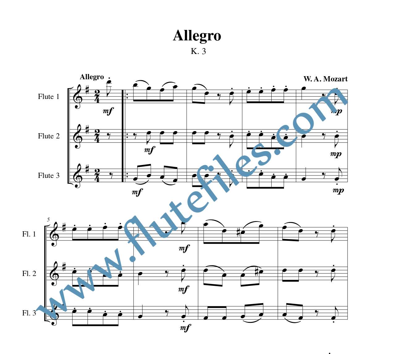 Allegro, K. 3 flute trio sheet music by Mozart