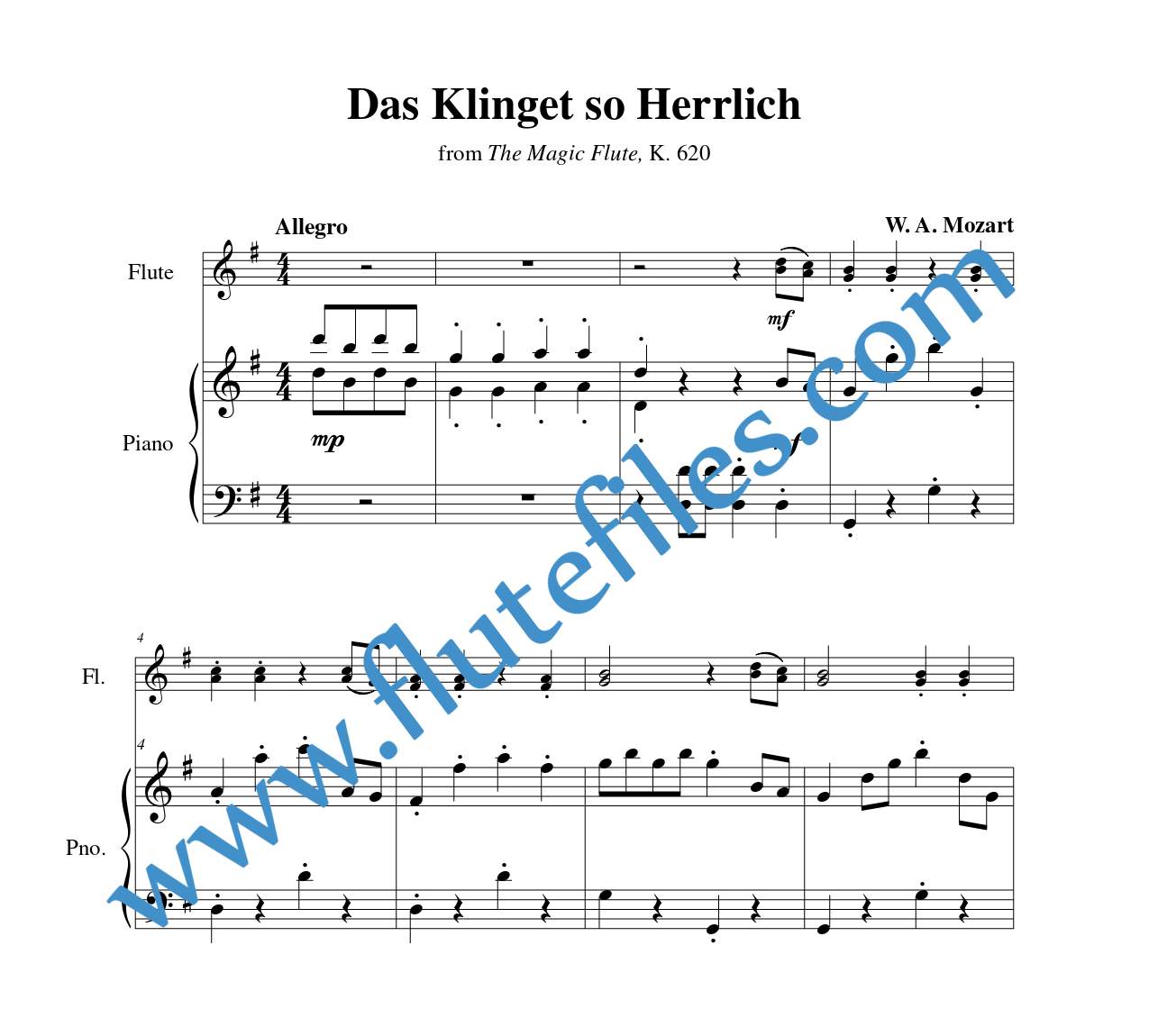 Piano accompaniment part for Das Klinget so Herrlich flute duet and piano sheet music by Mozart