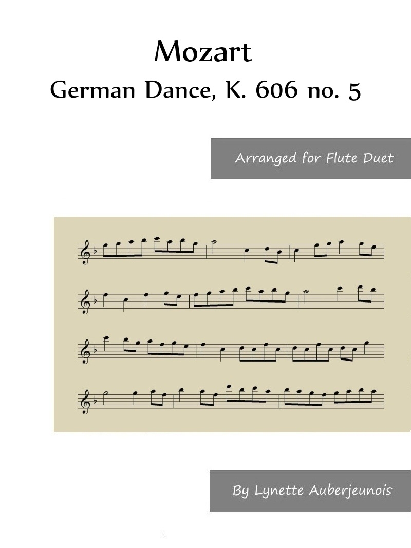 Sheet music cover for German Dance, K. 606 no. 5 flute duet by Mozart