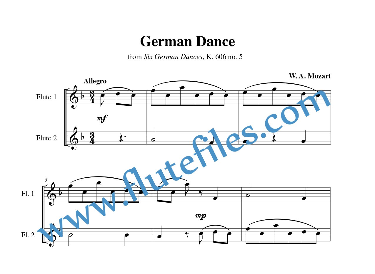 German Dance, K. 606 no. 5 flute duet sheet music by Mozart