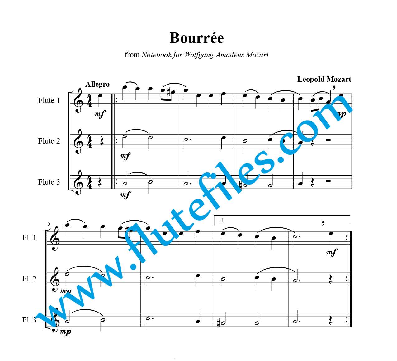 Bourrée flute trio sheet music by Leopold Mozart